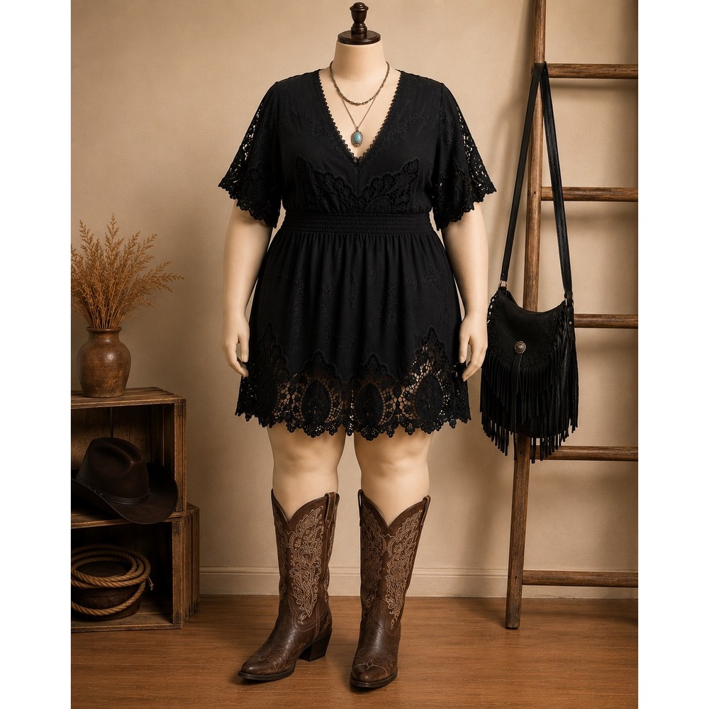 Black Lace Boho Mini Dress V-Neck Smocked Waist Embroidered Festival Peasant